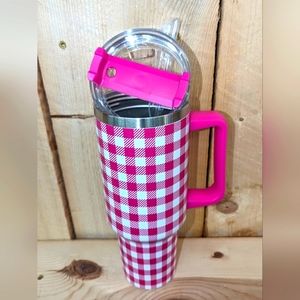 40oz stainless steel thermos/to go cup with lid - pink and white plaid